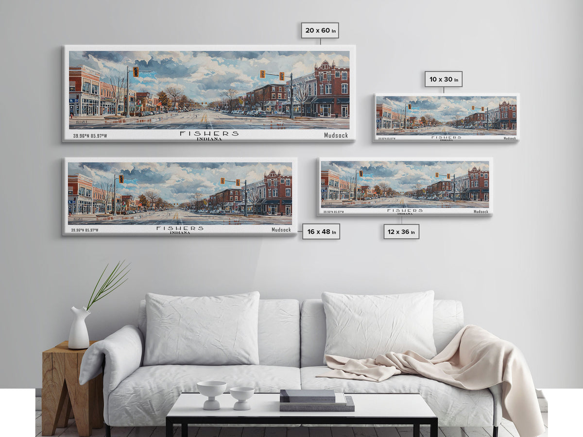 Fishers Indiana Panoramic Watercolor Painting, Scenic Framed Canvas Print, Urban Wall Art for Office, Travel Decor, City Print, Gift Idea