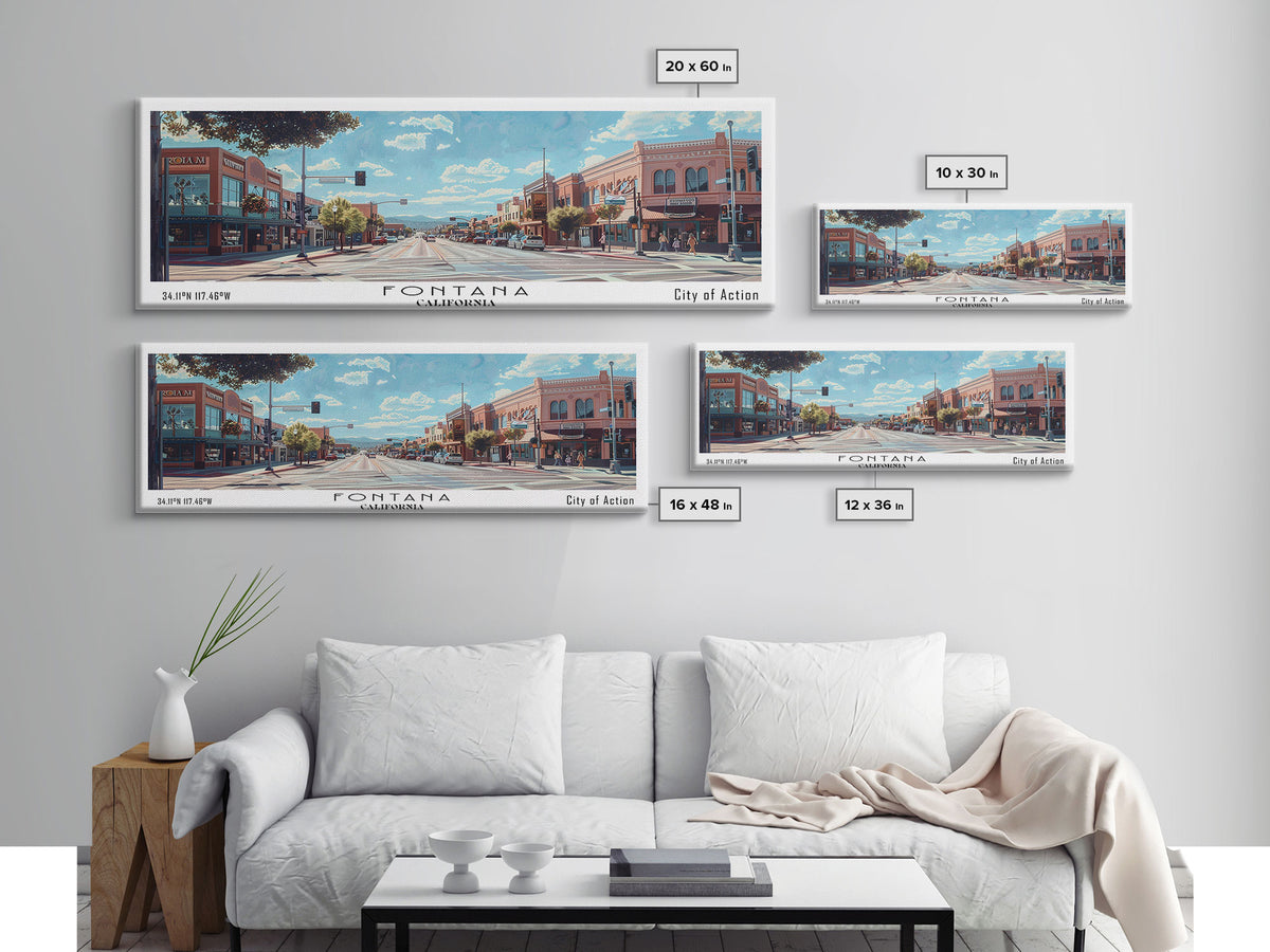 Fontana California Panoramic Watercolor Painting, Scenic Framed Canvas Print, Urban Wall Art for Living Room, Travel Poster, Home Decor, City Gift Idea
