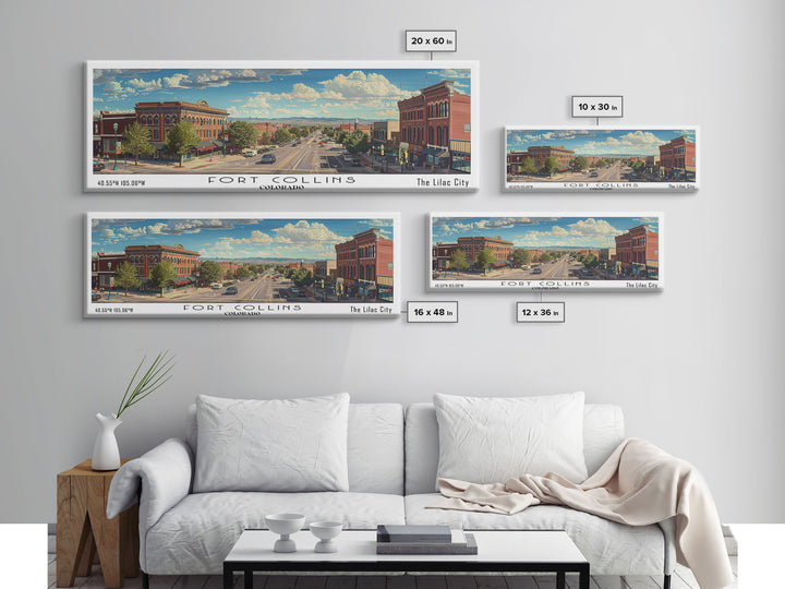 Fort Collins Colorado Panoramic Watercolor Painting, Scenic Framed Canvas Print, Urban Wall Art for Office, Travel Decor, City Print, Gift Idea