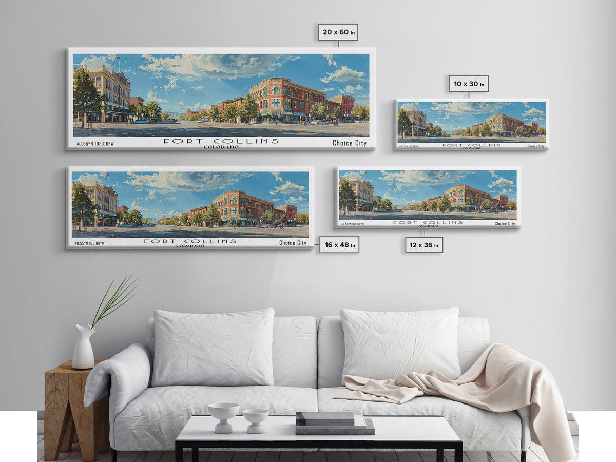 Fort Collins Colorado Panoramic Watercolor Painting, Scenic Framed Canvas Print, Urban Wall Art for Office, Travel Decor, City Print, Gift Idea