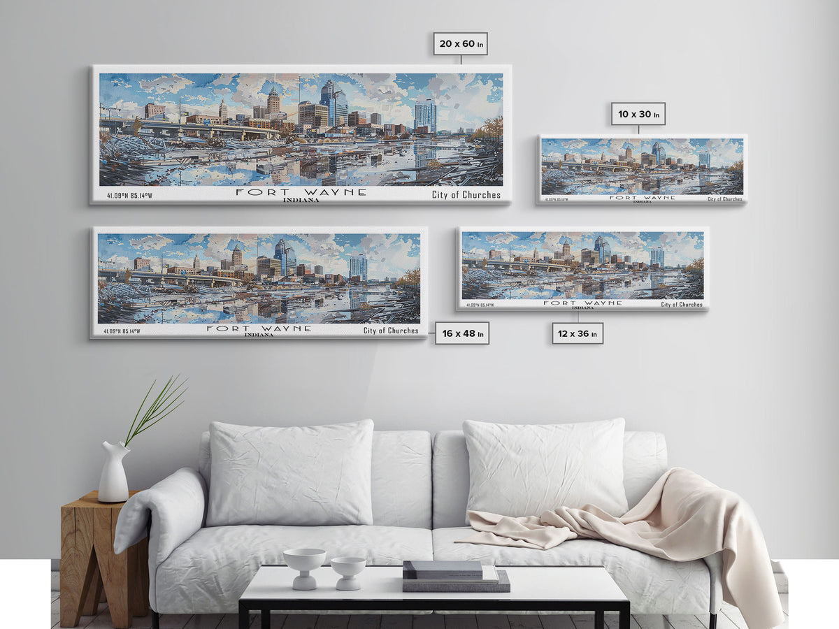 Fort Wayne Indiana Panoramic Watercolor Painting, Scenic Framed Canvas Print, Urban Wall Art for Office, Travel Decor, City Print, Gift Idea