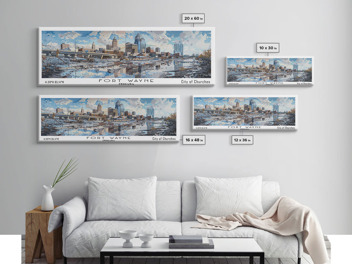 Fort Wayne Indiana Panoramic Watercolor Painting, Scenic Framed Canvas Print, Urban Wall Art for Office, Travel Decor, City Print, Gift Idea