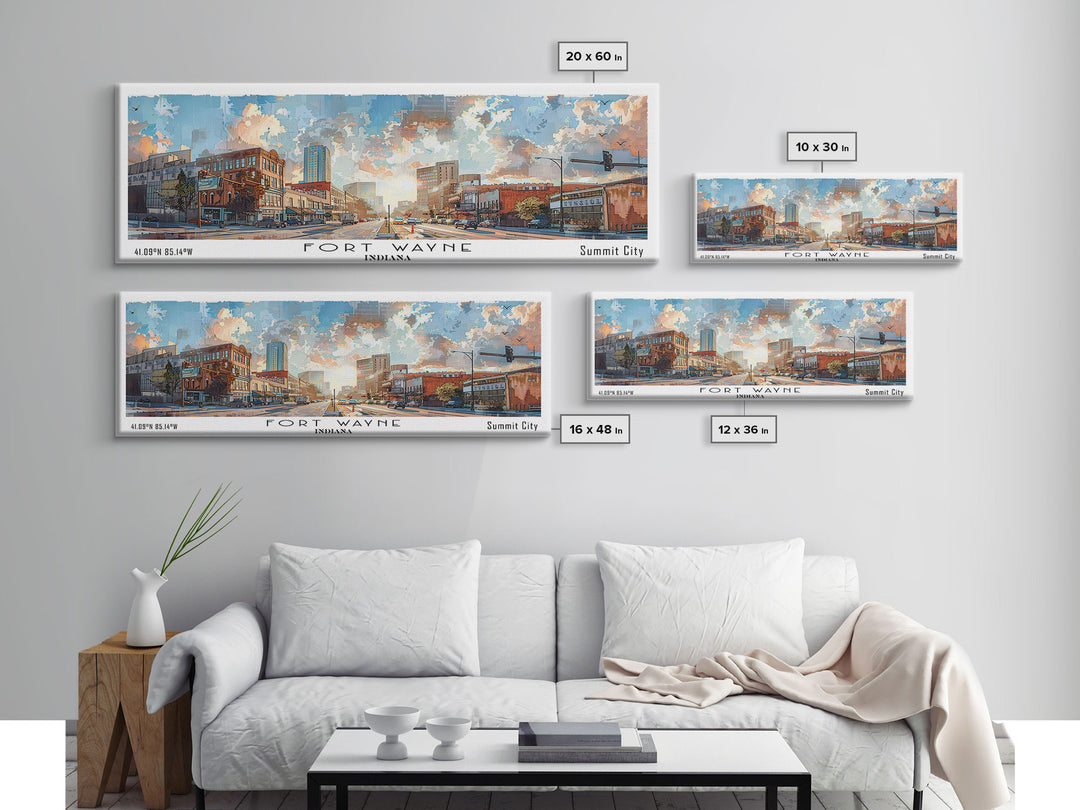 Fort Wayne Indiana Panoramic Watercolor Painting, Urban Framed Canvas Print, Cityscape Wall Art for Living Room, Travel Decor, Home Gift Idea