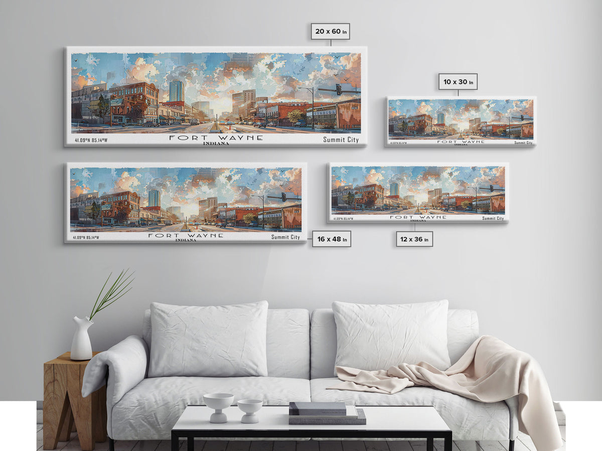Fort Wayne Indiana Panoramic Watercolor Painting, Urban Framed Canvas Print, Cityscape Wall Art for Living Room, Travel Decor, Home Gift Idea