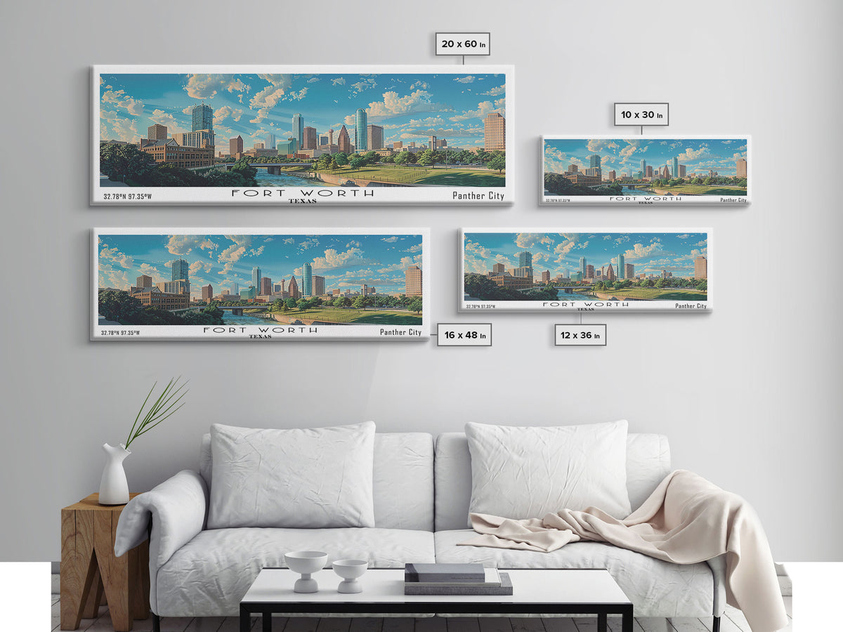Fort Worth Texas Panoramic Watercolor Painting, Urban Framed Canvas Print, Cityscape Wall Art for Living Room, Travel Decor, Office Art, Gift Idea