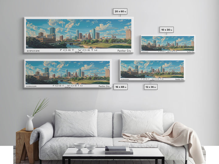 Fort Worth Texas Panoramic Watercolor Painting, Urban Framed Canvas Print, Cityscape Wall Art for Living Room, Travel Decor, Office Art, Gift Idea