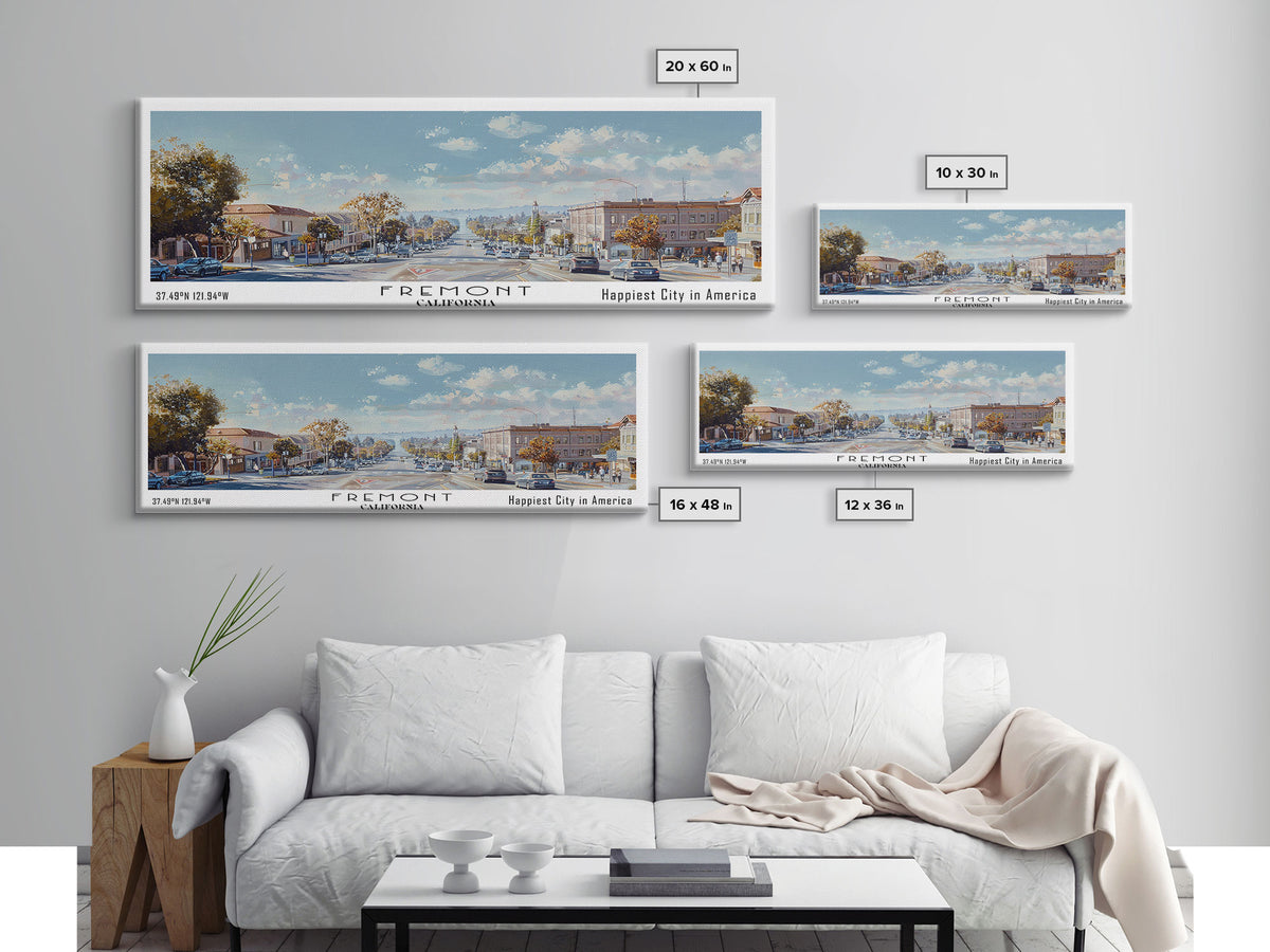 Fremont California Panoramic Watercolor Painting, Scenic Framed Canvas Print, Urban Wall Art for Office, Travel Poster, Home Decor, City Gift Idea
