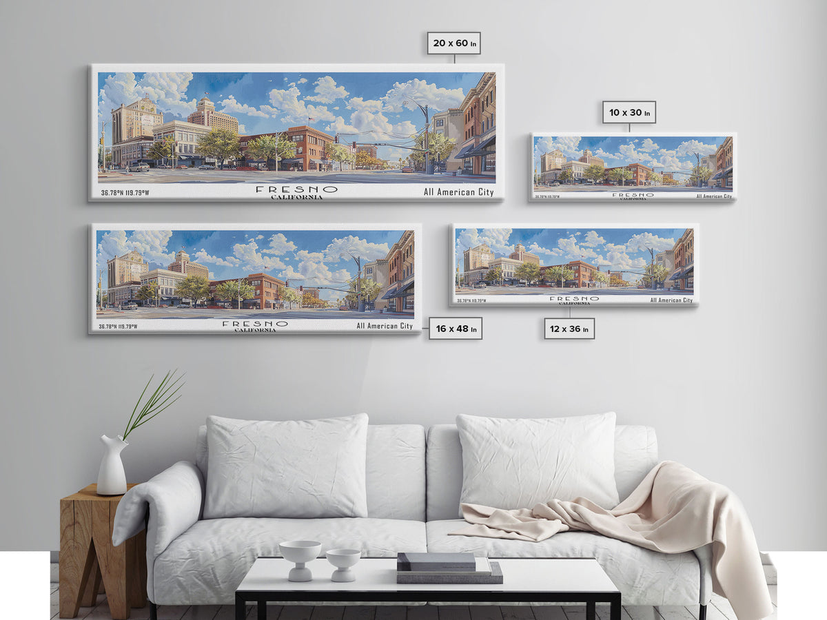 Fresno California Panoramic Watercolor Painting, Scenic Framed Canvas Print, Urban Wall Art for Living Room, Travel Decor, City Print, Gift Idea