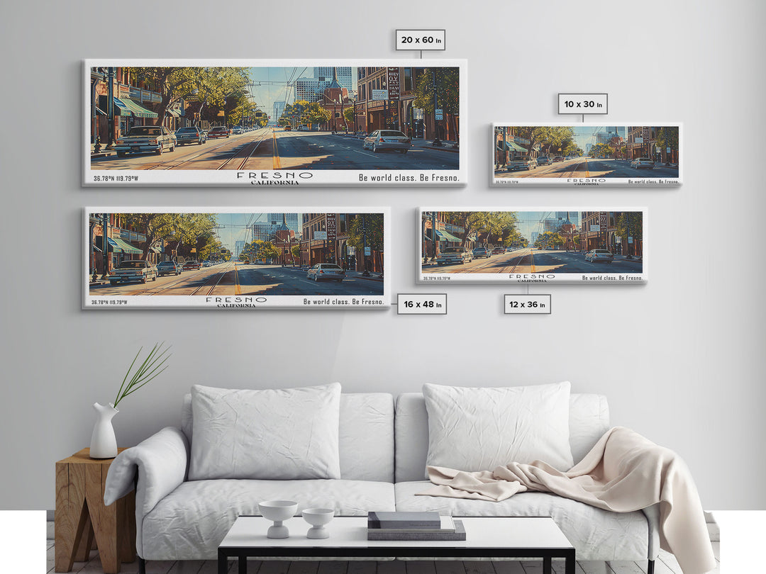 Fresno California Panoramic Watercolor Painting, Scenic Framed Canvas Print, Urban Wall Art for Living Room, Travel Decor, City Print, Gift Idea