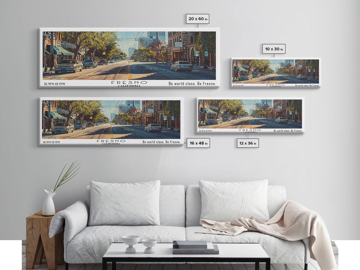 Fresno California Panoramic Watercolor Painting, Scenic Framed Canvas Print, Urban Wall Art for Living Room, Travel Decor, City Print, Gift Idea