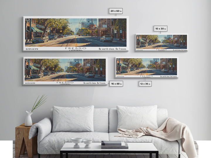 Fresno California Panoramic Watercolor Painting, Scenic Framed Canvas Print, Urban Wall Art for Living Room, Travel Decor, City Print, Gift Idea