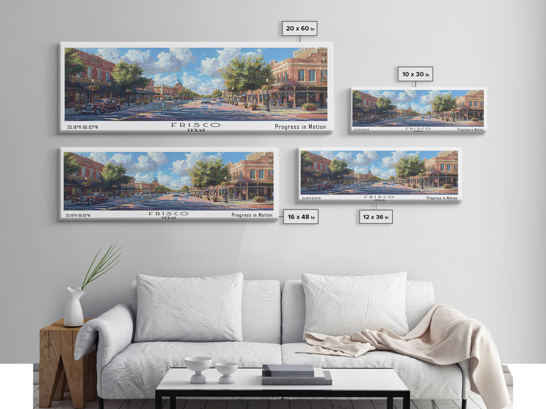 Frisco Texas Panoramic Watercolor Painting, Urban Framed Canvas Print, Cityscape Wall Art for Living Room, Travel Poster, Home Decor, City Gift Idea