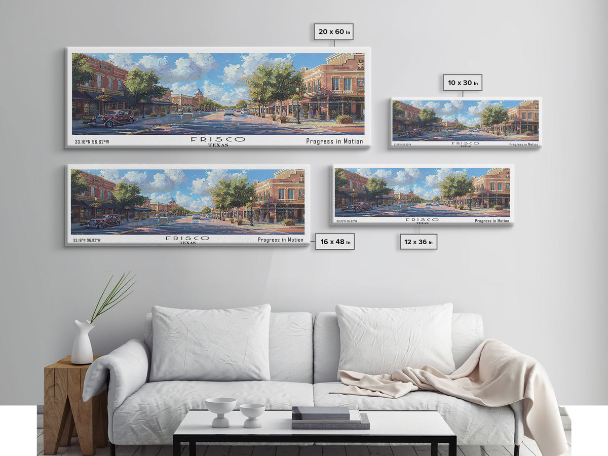 Frisco Texas Panoramic Watercolor Painting, Urban Framed Canvas Print, Cityscape Wall Art for Living Room, Travel Poster, Home Decor, City Gift Idea