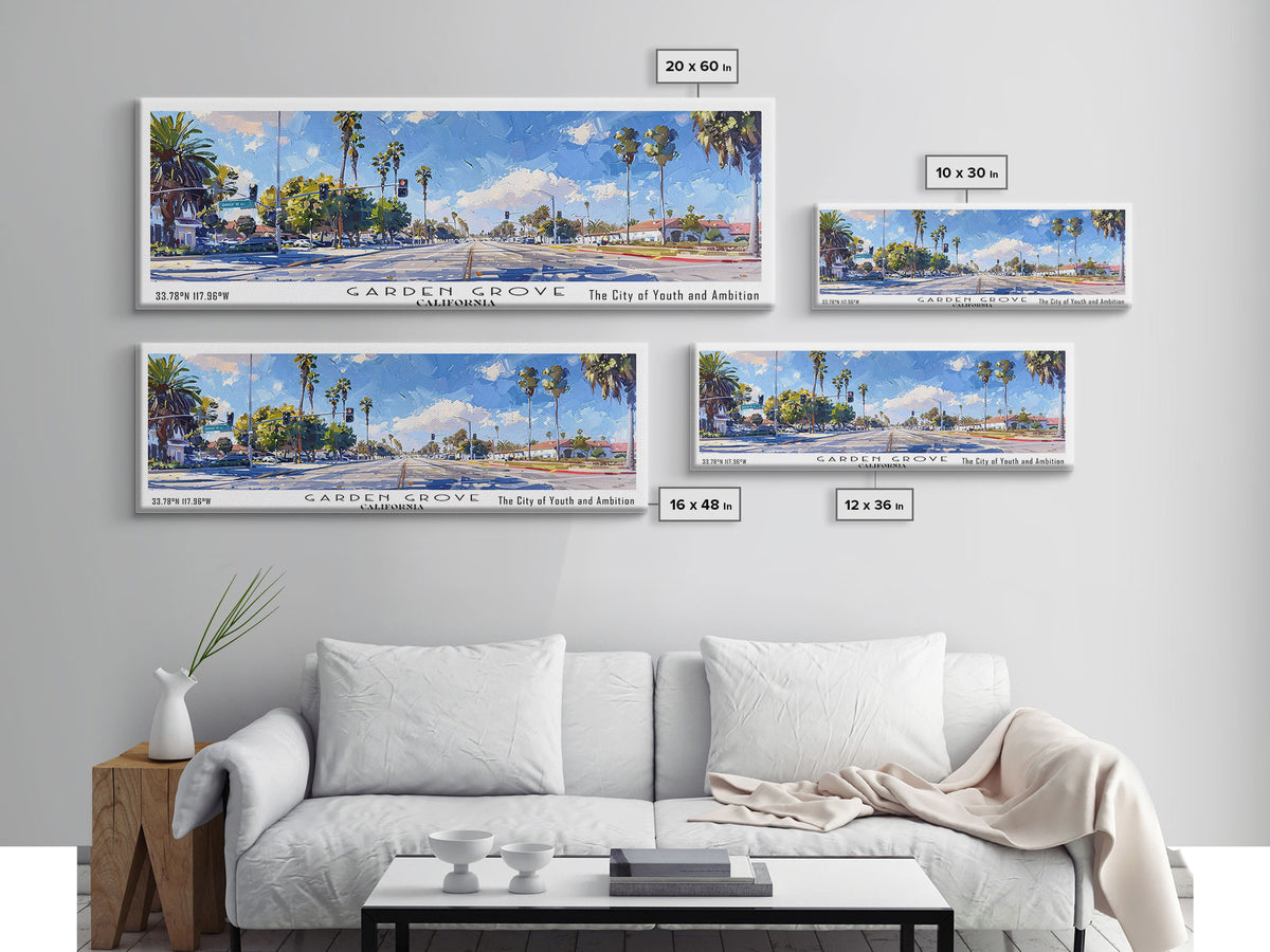 Garden Grove California Panoramic Watercolor Painting, Urban Framed Canvas Print, Cityscape Wall Art for Living Room, Travel Decor, Office Art, Gift Idea