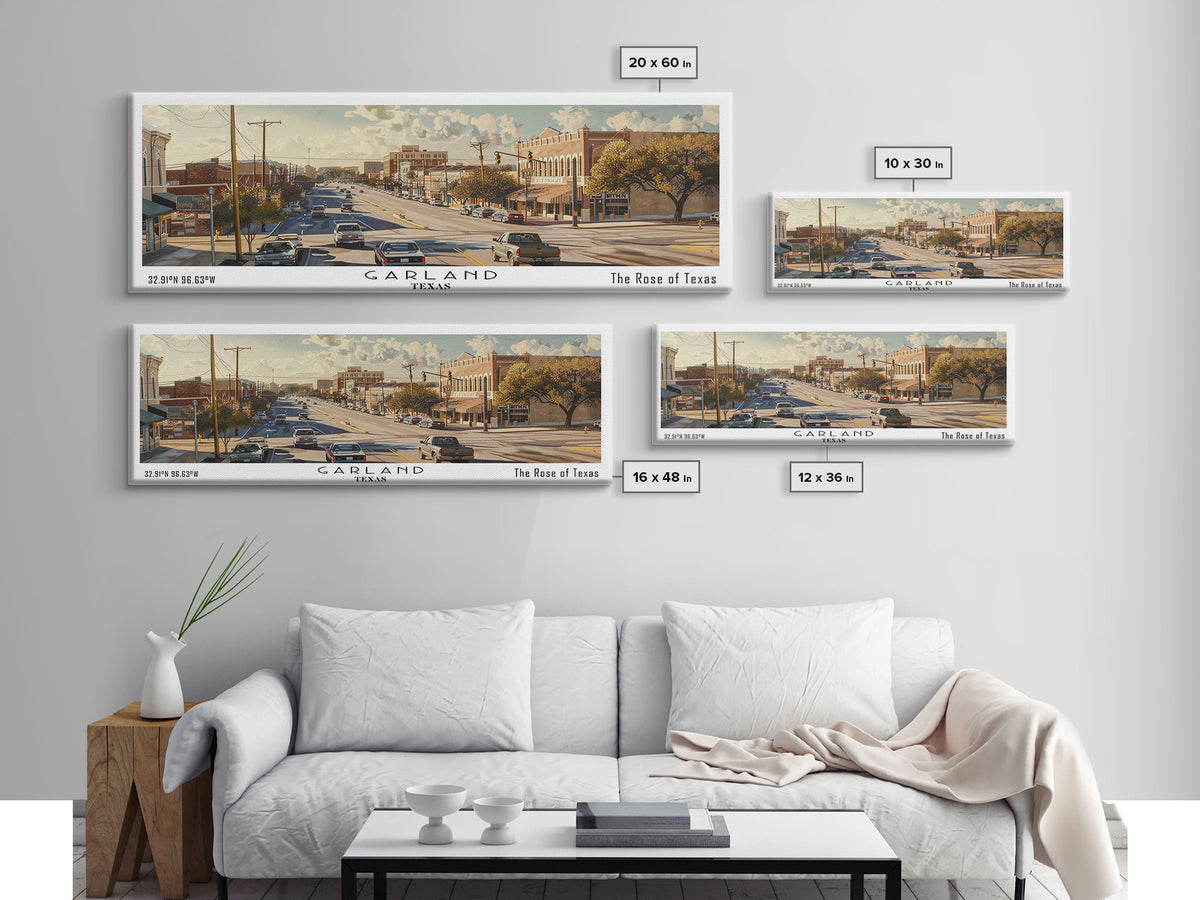 Garland Texas Panoramic Watercolor Painting, Urban Framed Canvas Print, Cityscape Wall Art for Living Room, Travel Decor, Home Gift Idea