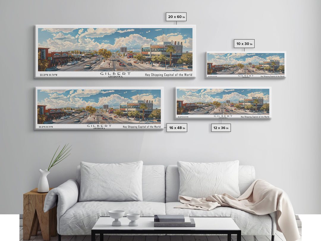 Gilbert Arizona Panoramic Watercolor Painting, Urban Framed Canvas Print, Cityscape Wall Art for Office, Travel Decor, Home Gift Idea