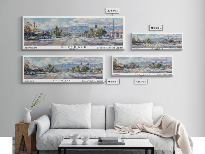 Glendale Arizona Panoramic Watercolor Painting, Urban Framed Canvas Print, Cityscape Wall Art for Office, Travel Decor, Home Gift Idea