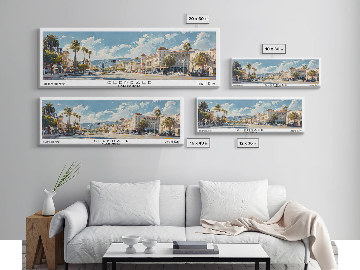 Glendale California Panoramic Watercolor Painting, Urban Framed Canvas Print, Cityscape Wall Art for Living Room, Travel Poster, Home Decor, City Gift Idea