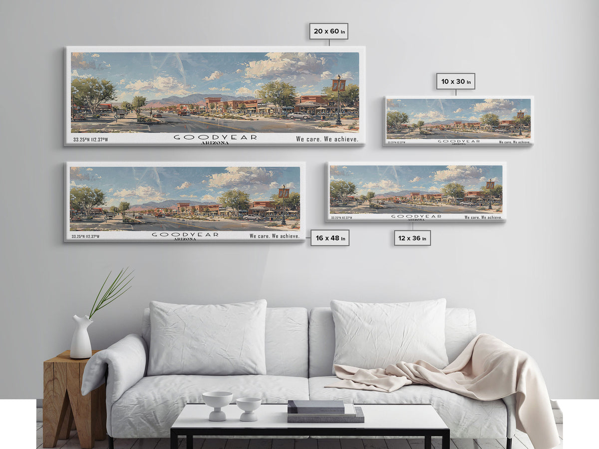 Goodyear Arizona Panoramic Watercolor Painting, Urban Framed Canvas Print, Cityscape Wall Art for Office, Travel Decor, Home Gift Idea