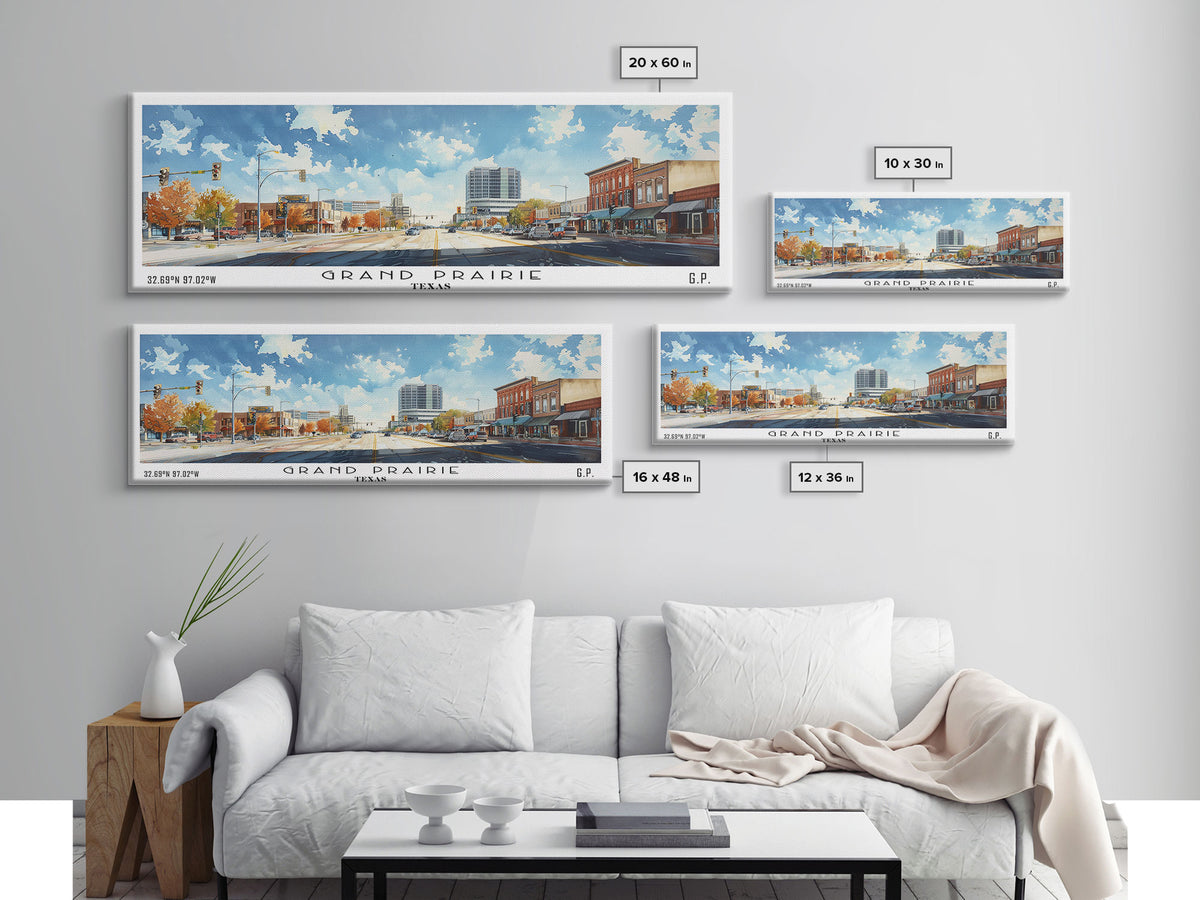 Grand Prairie Texas Panoramic Watercolor Painting, Urban Framed Canvas Print, Cityscape Wall Art for Living Room, Travel Decor, Home Gift Idea