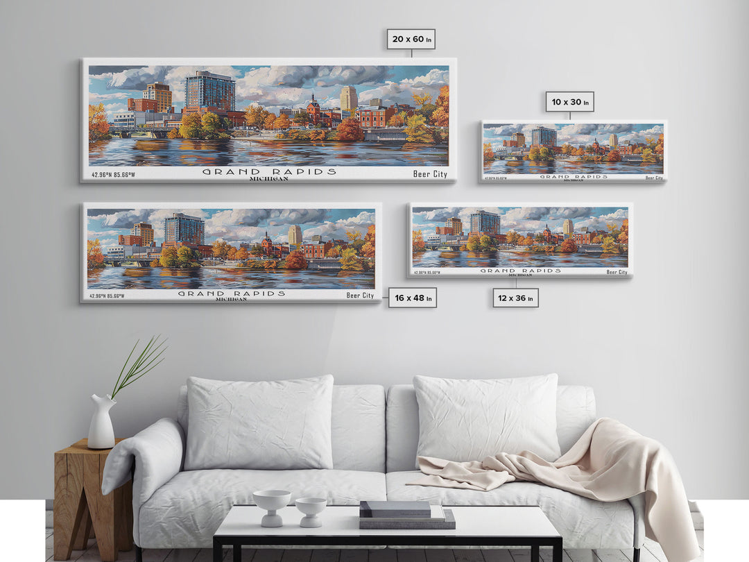 Grand Rapids Michigan Panoramic Watercolor Painting, Urban Framed Canvas Print, Cityscape Wall Art for Office, Travel Decor, Home Gift Idea