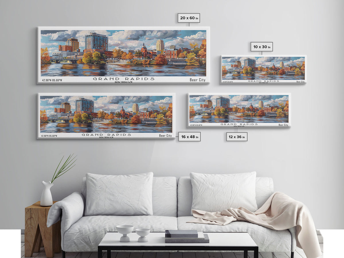 Grand Rapids Michigan Panoramic Watercolor Painting, Urban Framed Canvas Print, Cityscape Wall Art for Office, Travel Decor, Home Gift Idea