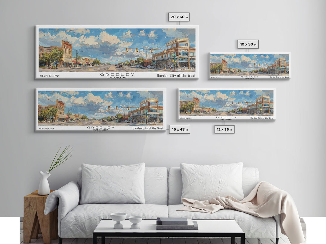 Greeley Colorado Panoramic Watercolor Painting, Urban Framed Canvas Print, Cityscape Wall Art for Living Room, Travel Poster, Home Decor, City Gift Idea