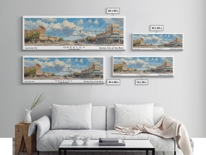 Greeley Colorado Panoramic Watercolor Painting, Urban Framed Canvas Print, Cityscape Wall Art for Living Room, Travel Poster, Home Decor, City Gift Idea