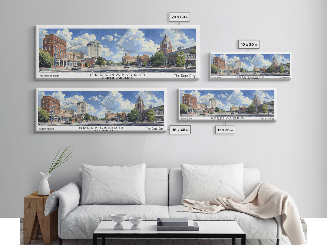 Greensboro North Carolina Panoramic Watercolor Painting, Urban Framed Canvas Print, Cityscape Wall Art for Office, Travel Decor, Home Gift Idea