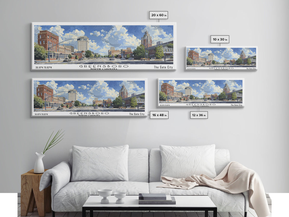 Greensboro North Carolina Panoramic Watercolor Painting, Urban Framed Canvas Print, Cityscape Wall Art for Office, Travel Decor, Home Gift Idea