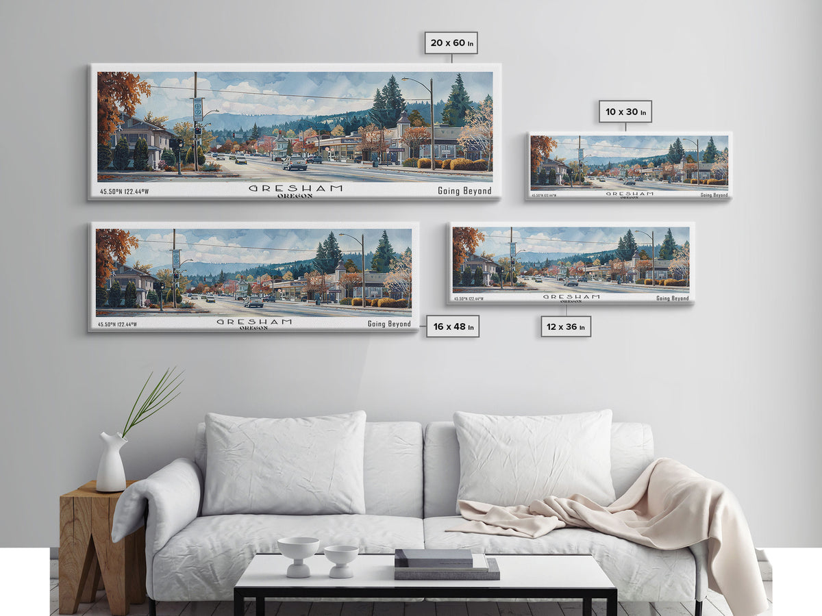 Gresham Oregon Panoramic Watercolor Painting, Urban Framed Canvas Print, Cityscape Wall Art for Living Room, Travel Decor, Home Gift Idea
