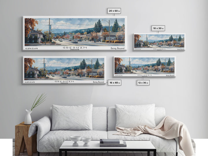 Gresham Oregon Panoramic Watercolor Painting, Urban Framed Canvas Print, Cityscape Wall Art for Living Room, Travel Decor, Home Gift Idea