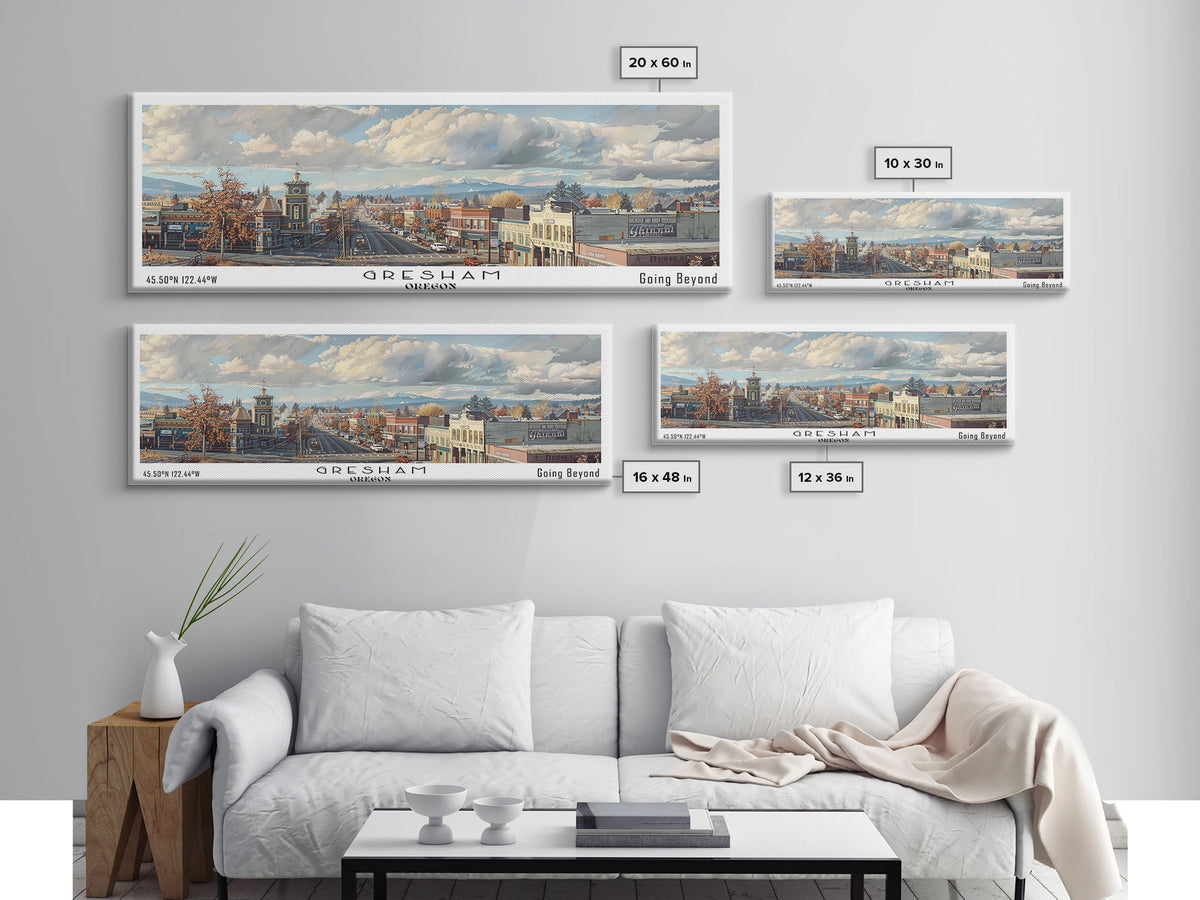 Gresham Oregon Panoramic Watercolor Painting, Urban Framed Canvas Print, Cityscape Wall Art for Office, Travel Decor, Home Gift Idea