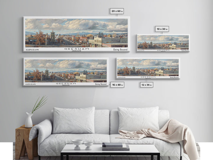 Gresham Oregon Panoramic Watercolor Painting, Urban Framed Canvas Print, Cityscape Wall Art for Office, Travel Decor, Home Gift Idea