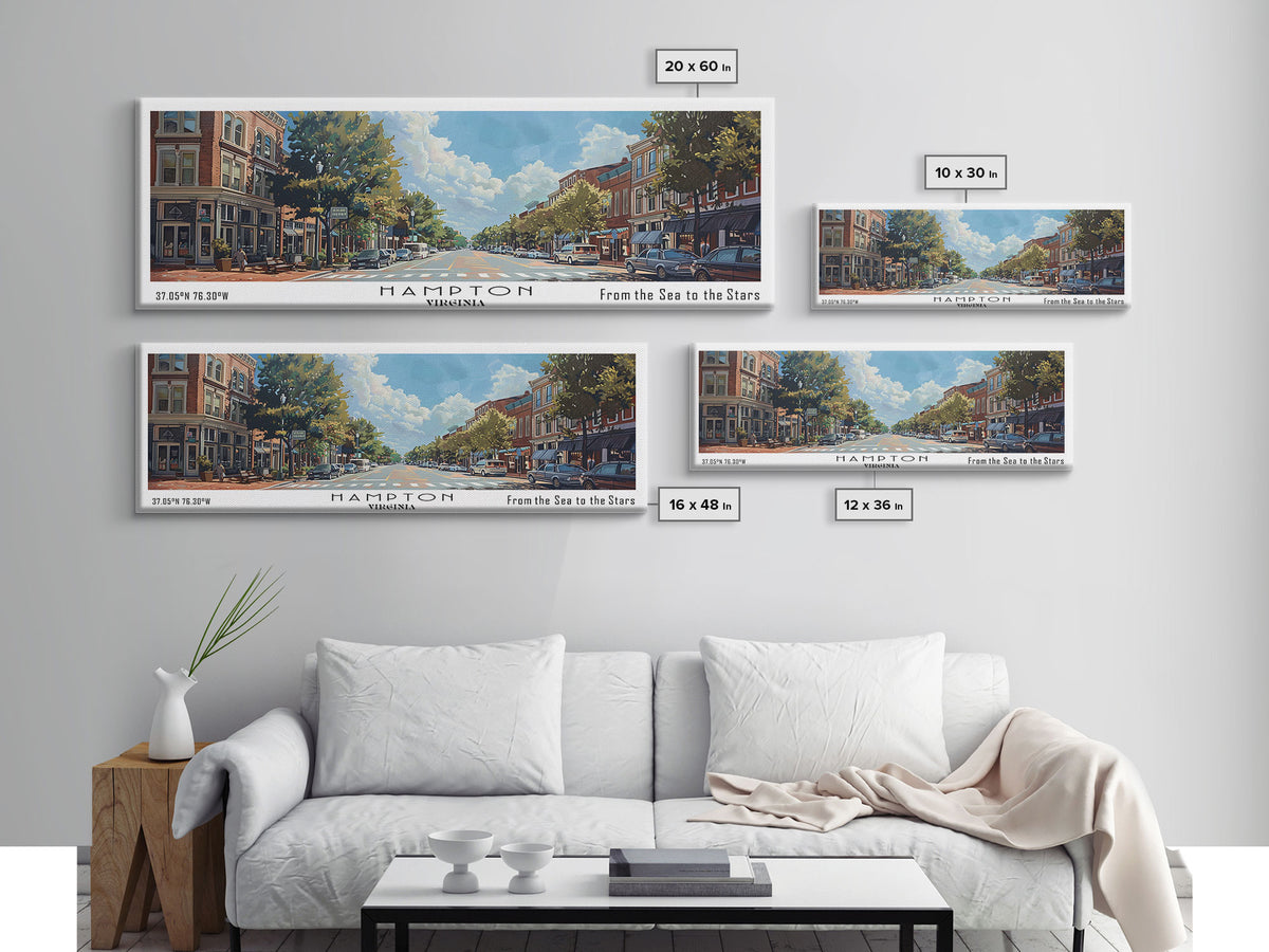 Hampton Virginia Panoramic Watercolor Painting, Urban Framed Canvas Print, Cityscape Wall Art for Living Room, Travel Poster, Home Decor, City Gift Idea