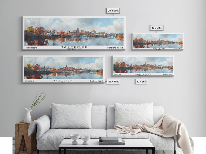 Hartford Connecticut Panoramic Watercolor Painting, Urban Framed Canvas Print, Cityscape Wall Art for Office, Travel Decor, Home Gift Idea
