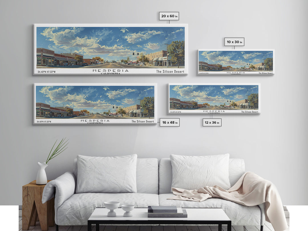 Hesperia California Panoramic Watercolor Painting, Urban Framed Canvas Print, Cityscape Wall Art for Living Room, Travel Poster, Home Decor, City Gift Idea