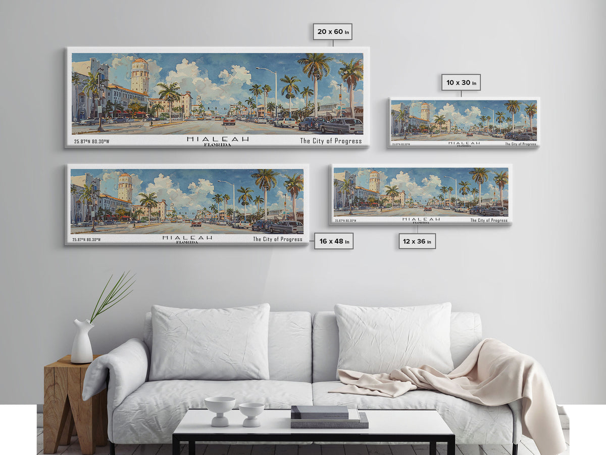 Hialeah Florida Panoramic Watercolor Painting, Urban Framed Canvas Print, Cityscape Wall Art for Office, Travel Decor, Home Gift Idea