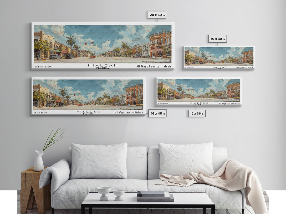 Hialeah Florida Panoramic Watercolor Painting, Urban Framed Canvas Print, Cityscape Wall Art for Living Room, Travel Decor, Home Gift Idea