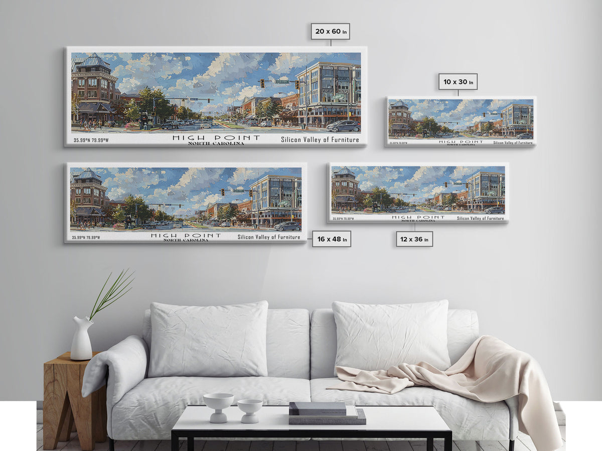 High Point North Carolina Panoramic Watercolor Painting, Urban Framed Canvas Print, Cityscape Wall Art for Office, Travel Decor, Home Gift Idea