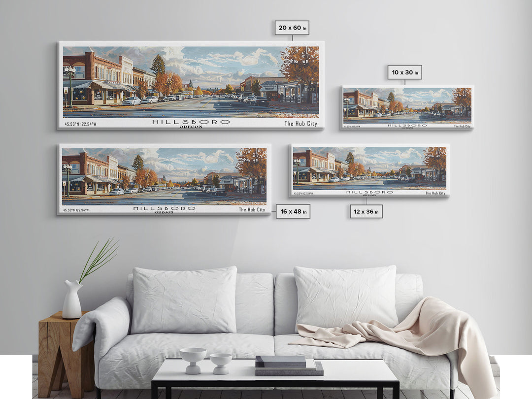Hillsboro Oregon Panoramic Watercolor Painting, Urban Framed Canvas Print, Cityscape Wall Art for Office, Travel Decor, Home Gift Idea