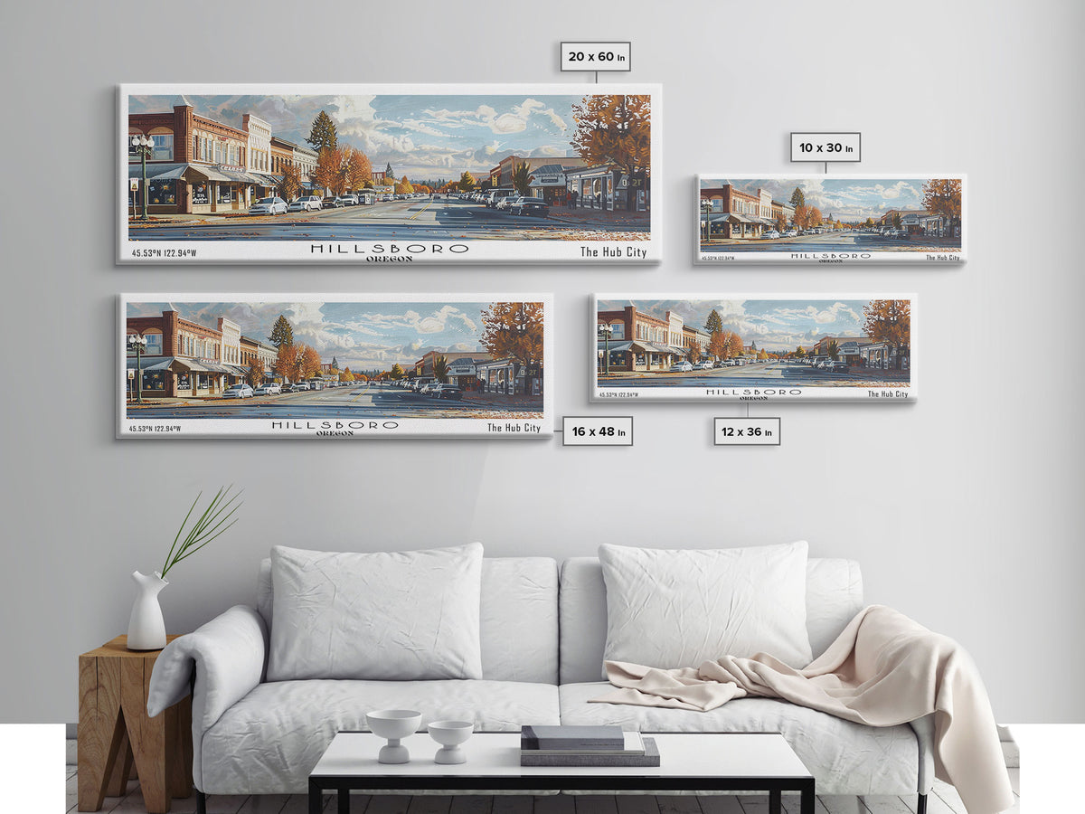 Hillsboro Oregon Panoramic Watercolor Painting, Urban Framed Canvas Print, Cityscape Wall Art for Office, Travel Decor, Home Gift Idea