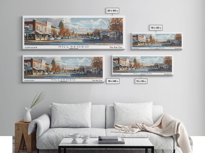 Hillsboro Oregon Panoramic Watercolor Painting, Urban Framed Canvas Print, Cityscape Wall Art for Office, Travel Decor, Home Gift Idea