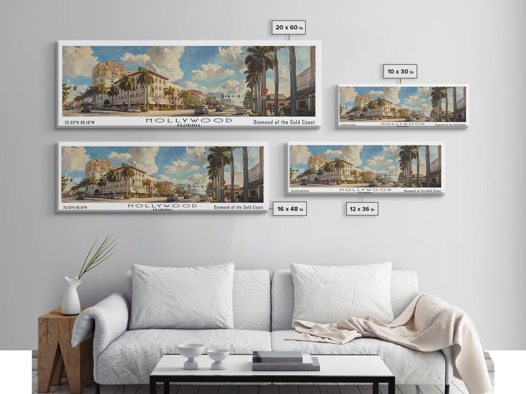 Hollywood Florida Panoramic Watercolor Painting, Urban Framed Canvas Print, Cityscape Wall Art for Living Room, Travel Poster, Home Decor, City Gift Idea