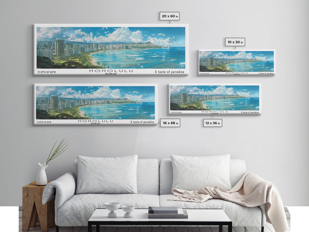 Honolulu Hawaii Panoramic Watercolor Painting, Urban Framed Canvas Print, Cityscape Wall Art for Office, Travel Decor, Home Gift Idea