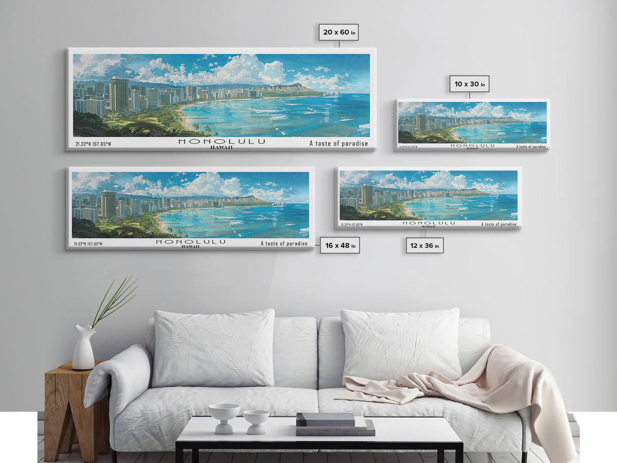 Honolulu Hawaii Panoramic Watercolor Painting, Urban Framed Canvas Print, Cityscape Wall Art for Office, Travel Decor, Home Gift Idea