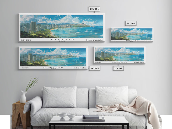 Honolulu Hawaii Panoramic Watercolor Painting, Urban Framed Canvas Print, Cityscape Wall Art for Office, Travel Decor, Home Gift Idea