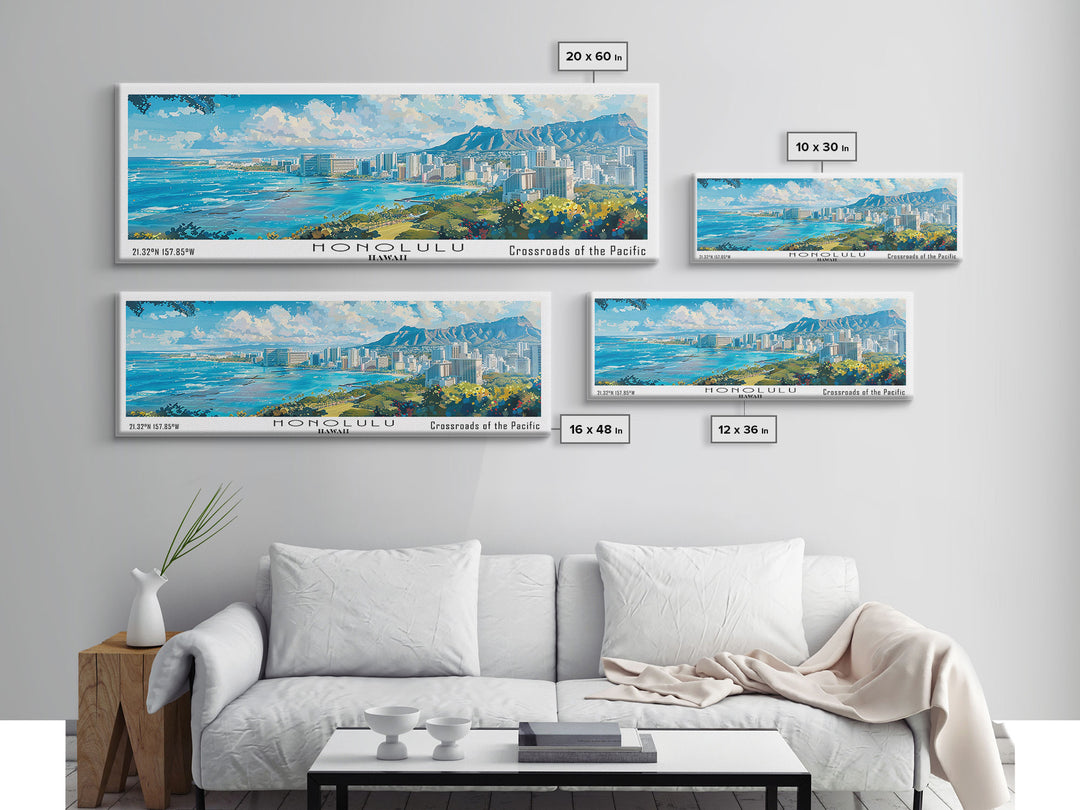 Honolulu Hawaii Panoramic Watercolor Painting, Urban Framed Canvas Print, Cityscape Wall Art for Living Room, Travel Poster, Home Decor, City Gift Idea