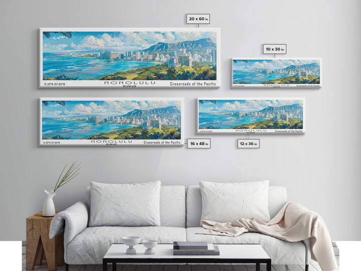 Honolulu Hawaii Panoramic Watercolor Painting, Urban Framed Canvas Print, Cityscape Wall Art for Living Room, Travel Poster, Home Decor, City Gift Idea