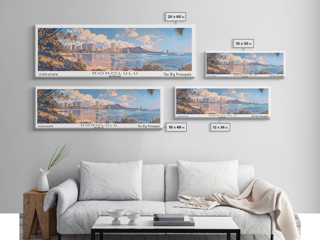 Honolulu Hawaii Panoramic Watercolor Painting, Urban Framed Canvas Print, Cityscape Wall Art for Office, Travel Decor, Home Gift Idea